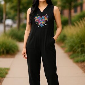 Effordram Women’s Butterfly Print Jumpsuit Romper Size Small | V-Neck Sleeveless